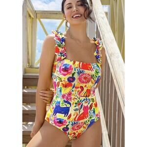 Sporlike One Piece Ruffle Strap Colorful Swimsuit Cat Design Women’s M